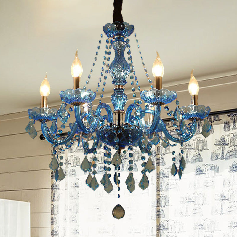 Modern Crystal Pendant Chandelier With Blue Hanging Light - 6/18 Bulbs Candle/Bell Design