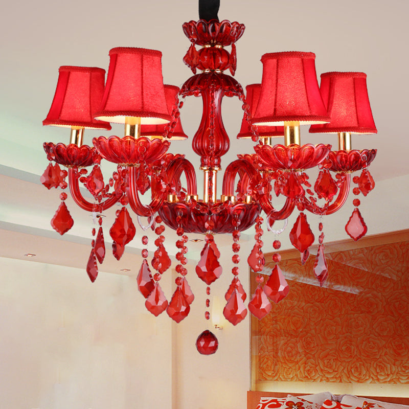 Modern Crystal Chandelier Pendant Light With Red Shade - 6/18 Lights 23.5/37.5 Wide / 23.5 With