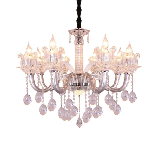 Contemporary Crystal Drop Candelabra Hanging Lamp - 6/8 Heads 23.5’/31.5’ Wide Silver Pendant