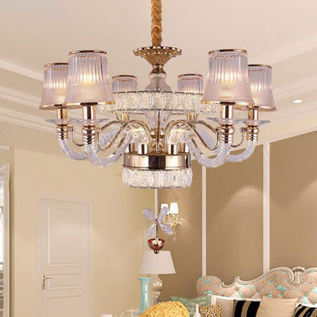 Minimalist Gold Chandelier With 6 Glass Heads And Ridge Shape Design