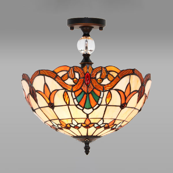 Victorian Bowl Stained Glass Semi Flush Mount Light In Beige - 12’/16’ Diameter