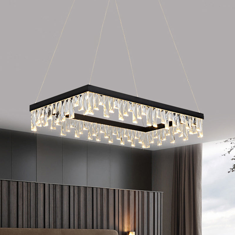 Modern Crystal Block Led Black Chandelier Lighting - Rectangle Hanging Light In 16’/23.5’ Width