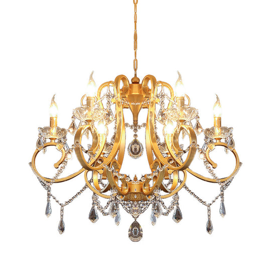 Brass Crystal Drop Chandelier Lamp - Postmodern Pendant Light For Candle Dining Room 6 Heads