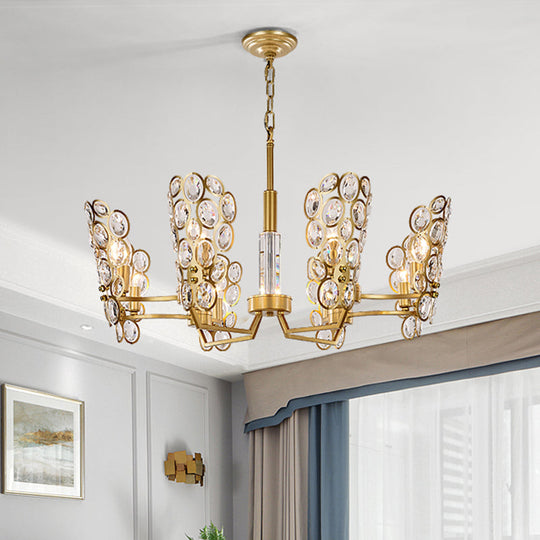 Postmodern Brass Candelabra Pendant Chandelier With Crystal Encrusted Ceiling Suspension – 6 Heads