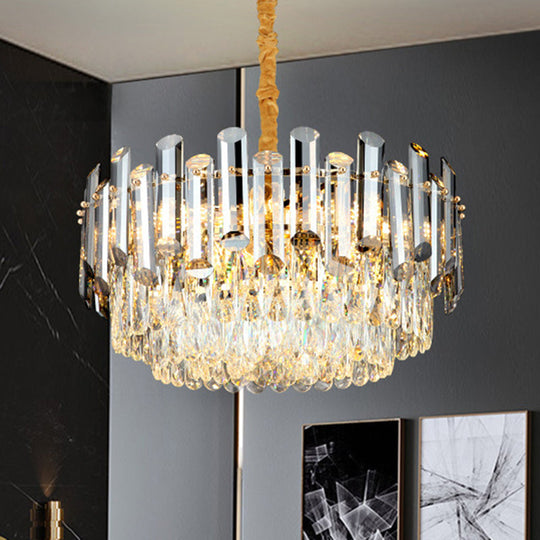 Postmodern Brass Chandelier - Beveled Crystal Drum Pendant Light Kit (10 Heads)
