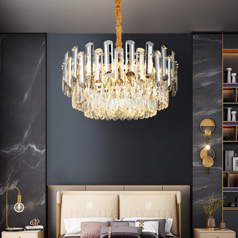 Postmodern Drum Crystal Pendant Light Kit With 10 Brass Chandelier Heads