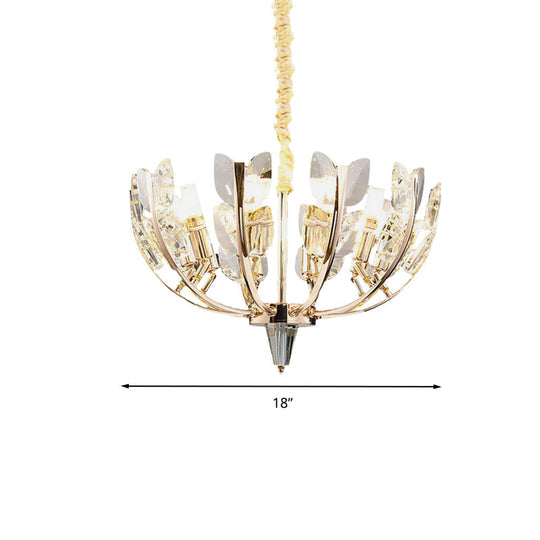 Modern Curved Arm Ceiling Light With Leaf Crystal 8/10 Heads Brushed Brass Finish