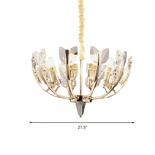 Modern Curved Arm Ceiling Light With Leaf Crystal 8/10 Heads Brushed Brass Finish