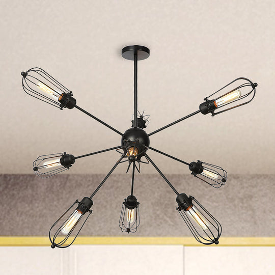 Warehouse Style Metal Bulb Cage Chandelier - Black Hanging Lamp With 9/12/15 Heads For Living Room