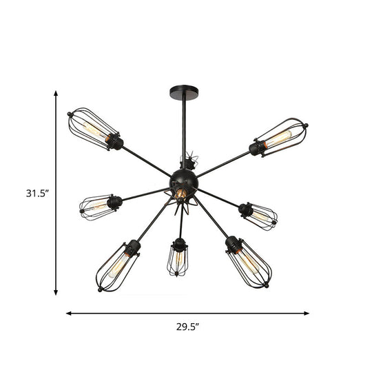 Warehouse Style Metal Bulb Cage Chandelier - Black Hanging Lamp With 9/12/15 Heads For Living Room
