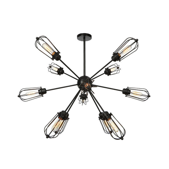 Warehouse Style Metal Bulb Cage Chandelier - Black Hanging Lamp With 9/12/15 Heads For Living Room