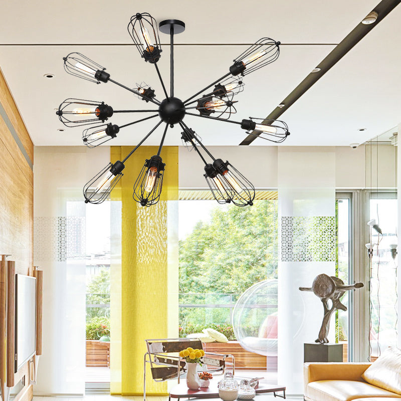 Warehouse Style Metal Bulb Cage Chandelier - Black Hanging Lamp With 9/12/15 Heads For Living Room