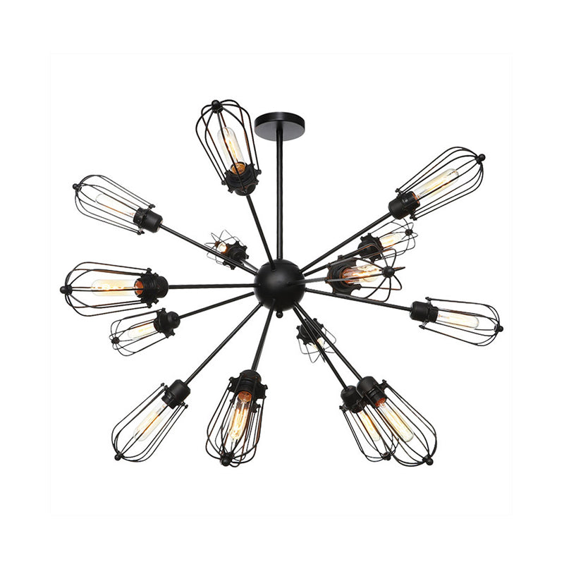 Warehouse Style Metal Bulb Cage Chandelier - Black Hanging Lamp With 9/12/15 Heads For Living Room