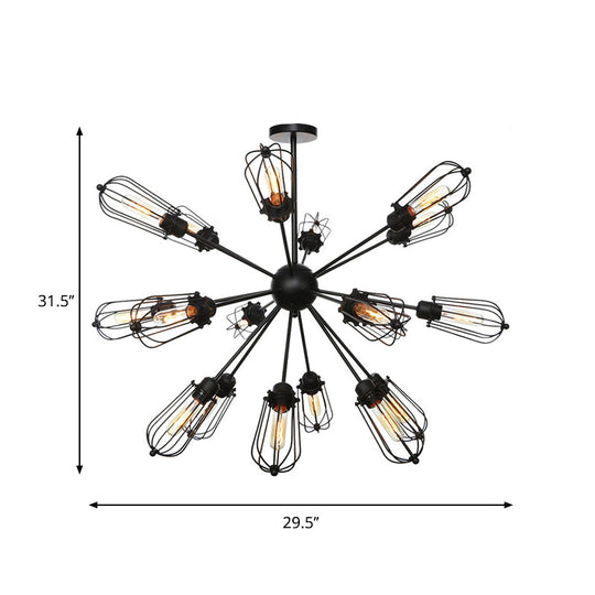 Warehouse Style Metal Bulb Cage Chandelier - Black Hanging Lamp With 9/12/15 Heads For Living Room