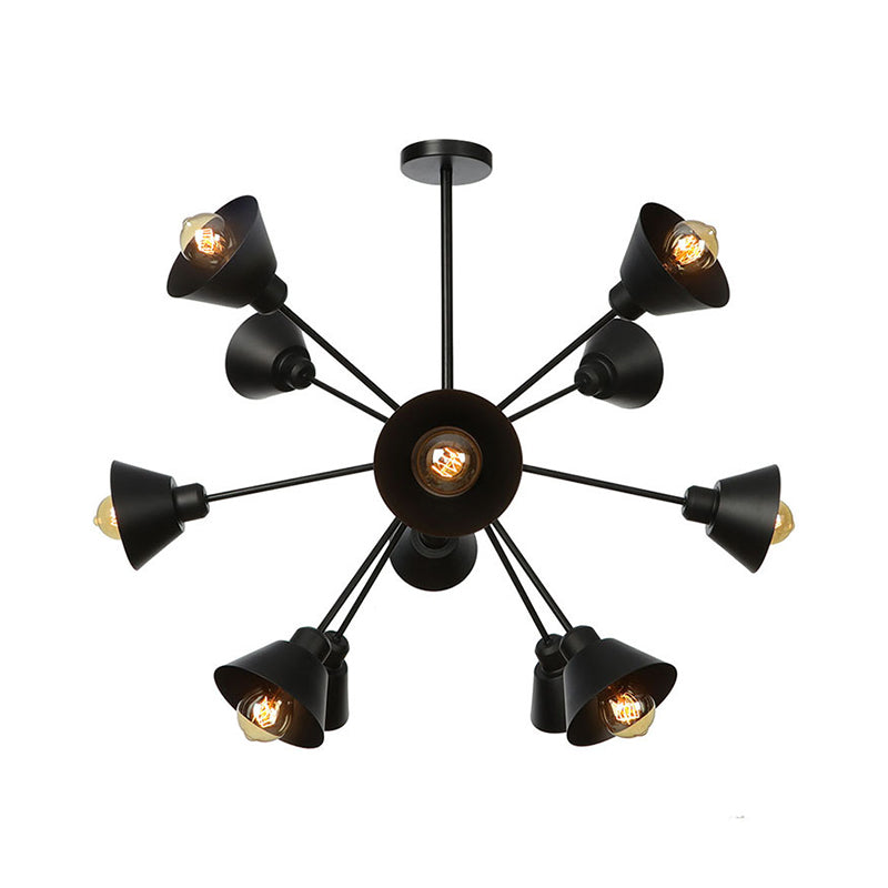 Industrial Stylish Metal Hanging Lamp With Sputnik Design - Cone Shade 9/12/15 Lights Black