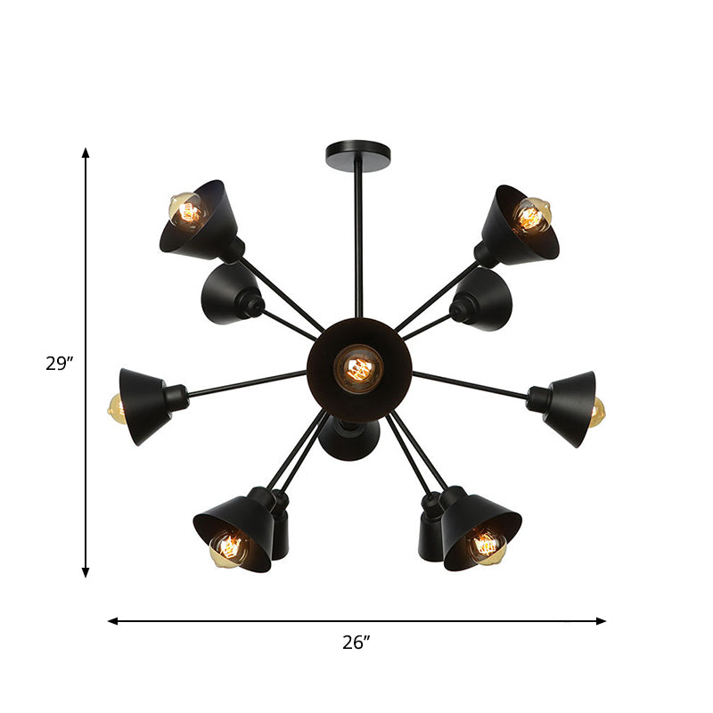 Industrial Stylish Metal Hanging Lamp With Sputnik Design - Cone Shade 9/12/15 Lights Black