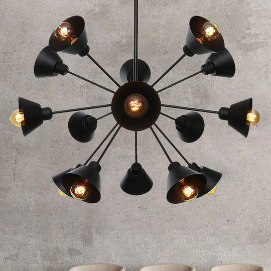 Industrial Stylish Metal Hanging Lamp With Sputnik Design - Cone Shade 9/12/15 Lights Black