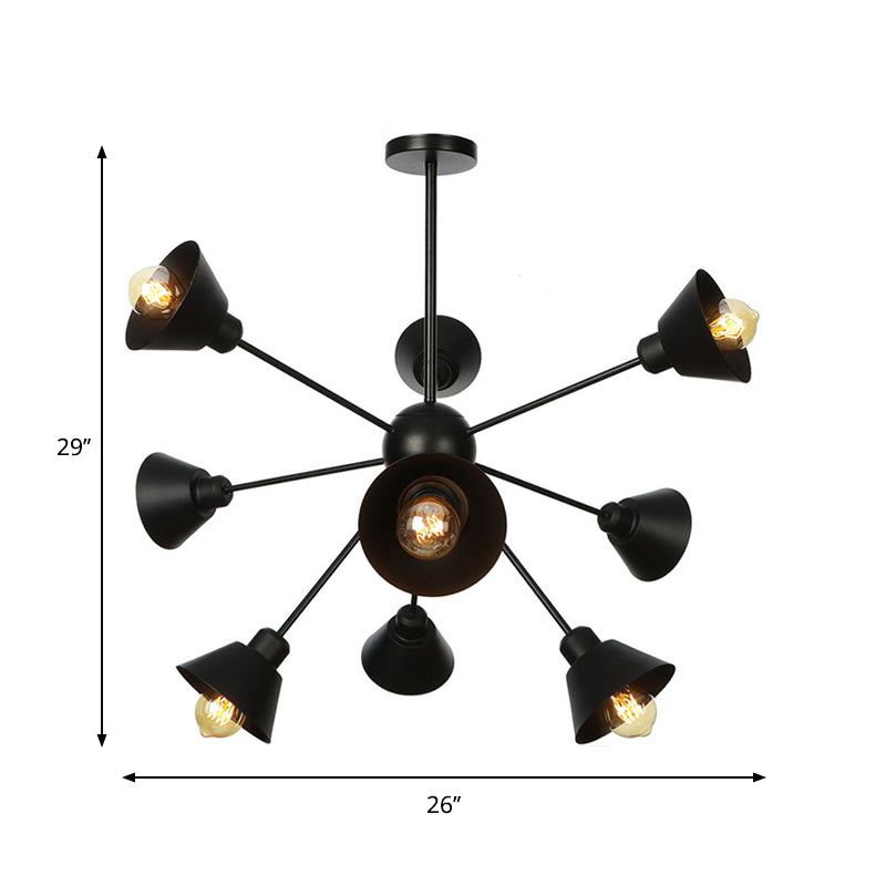 Industrial Stylish Metal Hanging Lamp With Sputnik Design - Cone Shade 9/12/15 Lights Black