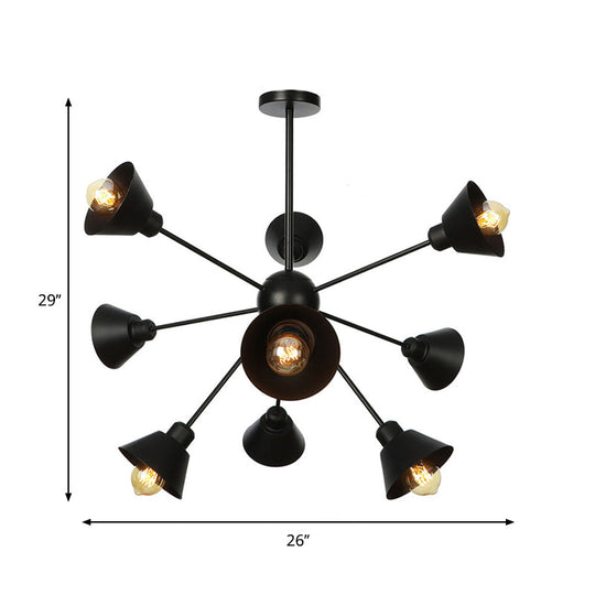 Industrial Stylish Metal Hanging Lamp With Sputnik Design - Cone Shade 9/12/15 Lights Black
