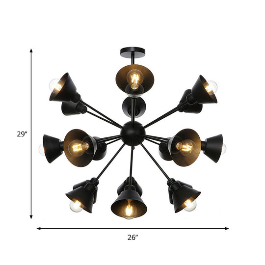 Industrial Stylish Metal Hanging Lamp With Sputnik Design - Cone Shade 9/12/15 Lights Black