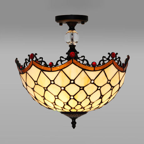 Traditional Tiffany Stained Glass Ceiling Lamp - Scalloped Semi Flush 12 Or 16 Bronze Finish With