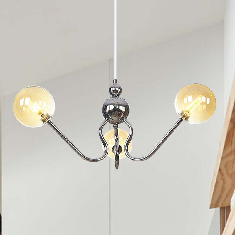 Industrial 3-Head Hanging Chandelier With Amber/Clear Glass Shades - Black/Chrome Finish Orbit