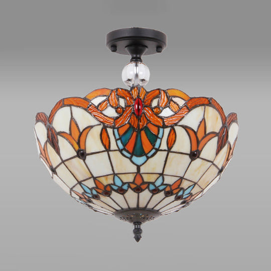 Traditional Tiffany Stained Glass Ceiling Lamp - Scalloped Semi Flush 12’ Or 16’ Bronze Finish