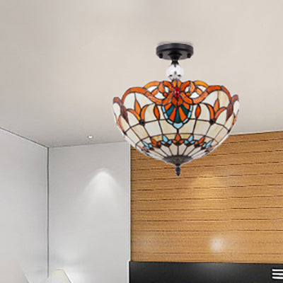 Traditional Tiffany Stained Glass Ceiling Lamp - Scalloped Semi Flush 12’ Or 16’ Bronze Finish