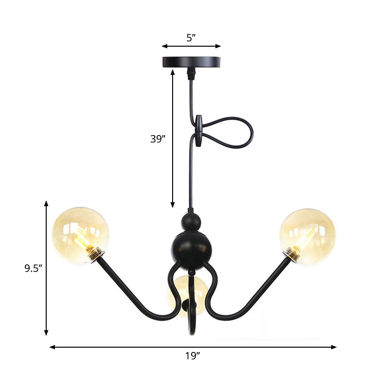 Industrial 3-Head Hanging Chandelier With Amber/Clear Glass Shades - Black/Chrome Finish Orbit