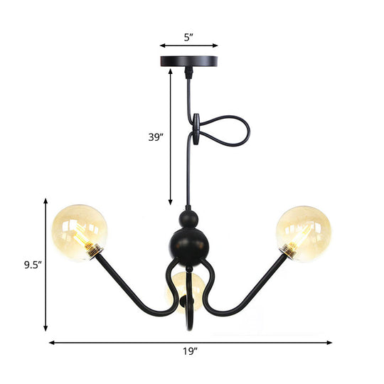 Industrial 3-Head Hanging Chandelier With Amber/Clear Glass Shades - Black/Chrome Finish Orbit