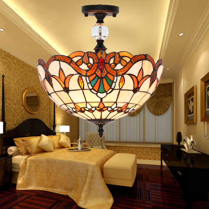 Traditional Tiffany Stained Glass Ceiling Lamp - Scalloped Semi Flush 12’ Or 16’ Bronze Finish