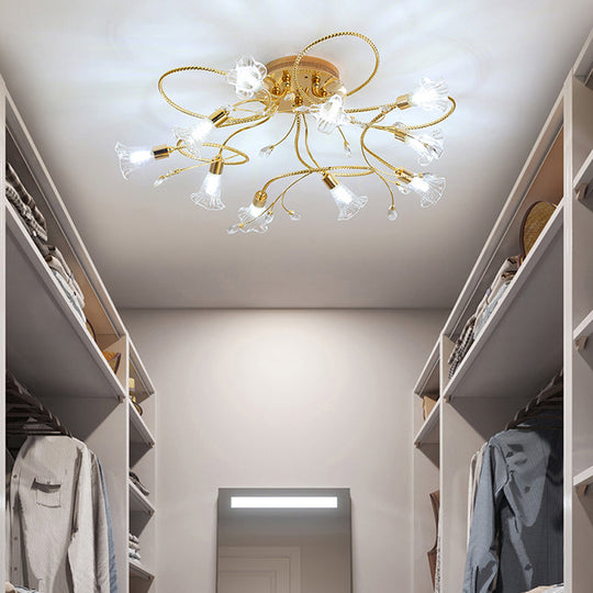 Gold Crystal Floral Semi Flush Mount Modern Ceiling Lighting For Living Room - 10/15 Heads