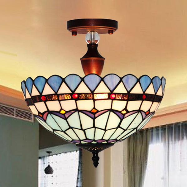 Baroque Style Stained Glass Semi Flush Light In Blue - 12’/16’ Width Perfect For Dining Room / 12’
