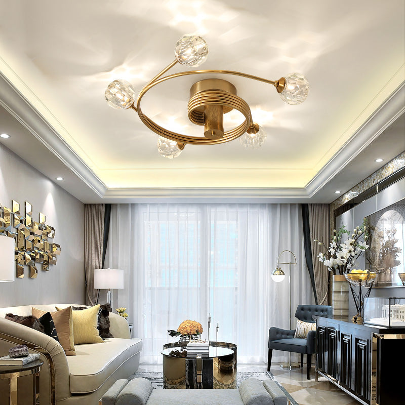 Traditional Cut Crystal Gold Ceiling Mount Light With Curved Metal Arm - 5 Head Ball Semi-Flush