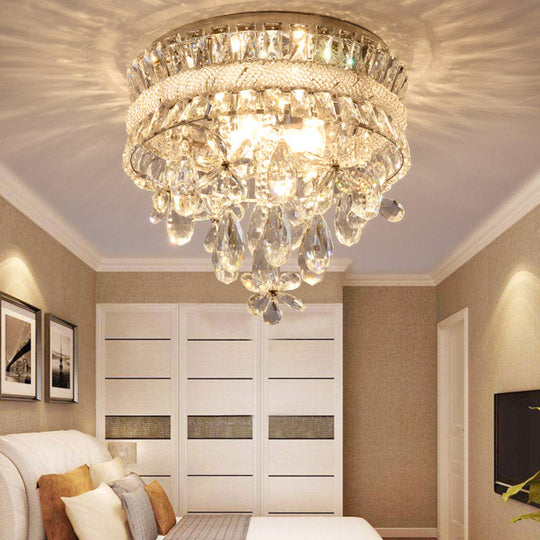 Contemporary Crystal Teardrop Flush Light - 6 Bulbs Nickel Ceiling Mount Fixture