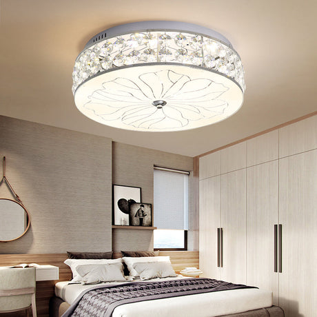 Nickel Led Round Flushmount Crystal Ceiling Light Fixture With Opal Glass Diffuser - Modern And