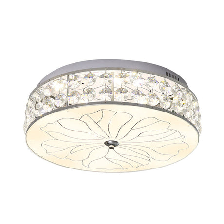 Nickel Led Round Flushmount Crystal Ceiling Light Fixture With Opal Glass Diffuser - Modern And
