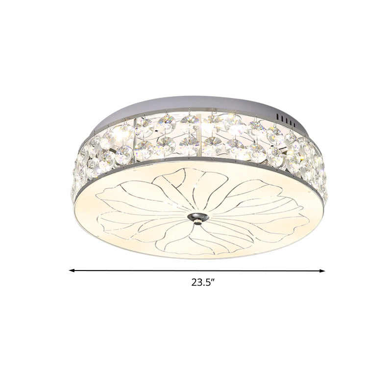 Nickel Led Round Flushmount Crystal Ceiling Light Fixture With Opal Glass Diffuser - Modern And