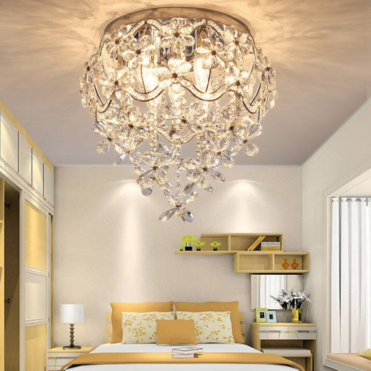 Contemporary Flower Flush Crystal Ceiling Lamp For Bedroom - 6 Heads