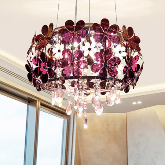 Modernist Floral Acrylic Flushmount Ceiling Light With Crystal Drop - 5 Heads White/Purple