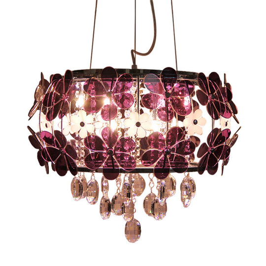 Modernist Floral Acrylic Flushmount Ceiling Light With Crystal Drop - 5 Heads White/Purple