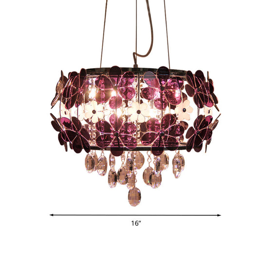 Modernist Floral Acrylic Flushmount Ceiling Light With Crystal Drop - 5 Heads White/Purple