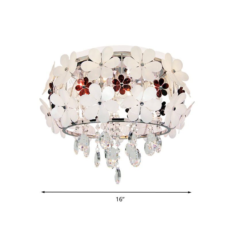Modernist Floral Acrylic Flushmount Ceiling Light With Crystal Drop - 5 Heads White/Purple