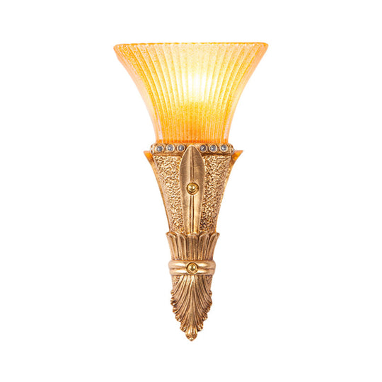 Flared Wall Mount Light: Traditional 1-Light Orange Glass & Resin Sconce In Gold For Corridor