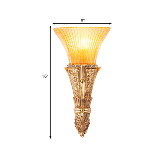 Flared Wall Mount Light: Traditional 1-Light Orange Glass & Resin Sconce In Gold For Corridor