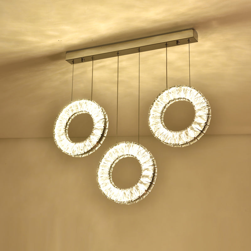 Modern Round Cluster Pendant Light- Crystal 3 Bulb Suspended Fixture In Nickel