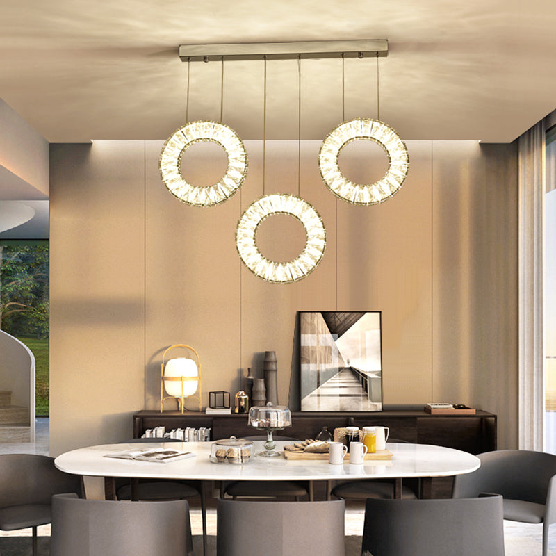 Modern Round Cluster Pendant Light- Crystal 3 Bulb Suspended Fixture In Nickel