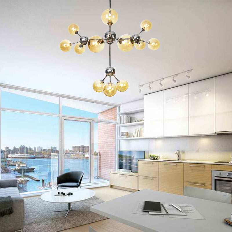 Industrial Style Hanging Chandelier Light - 13’/27.5’/34’ W Orbit Shade Amber/Clear/Smoke