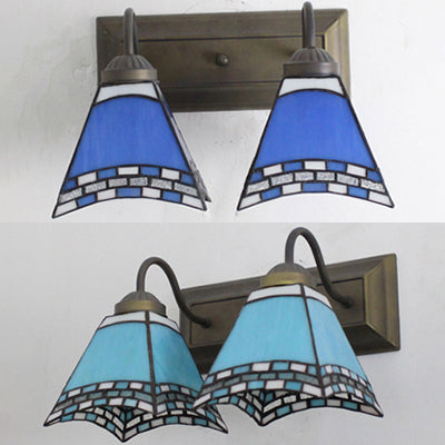 Mediterranean Pyramid Wall Mounted Light - 2 Blue/Sky Blue Glass Sconce Lighting For Bedroom