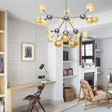 Industrial Style Hanging Chandelier Light With Amber/Clear/Smoke Gray Glass In 3/9/12 Lights -